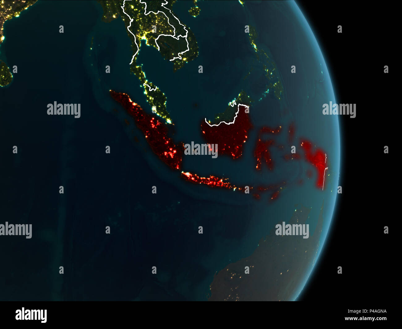 Map of Indonesia in red as seen from space on planet Earth at night with white borderlines and city lights. 3D illustration. Elements of this image fu Stock Photo