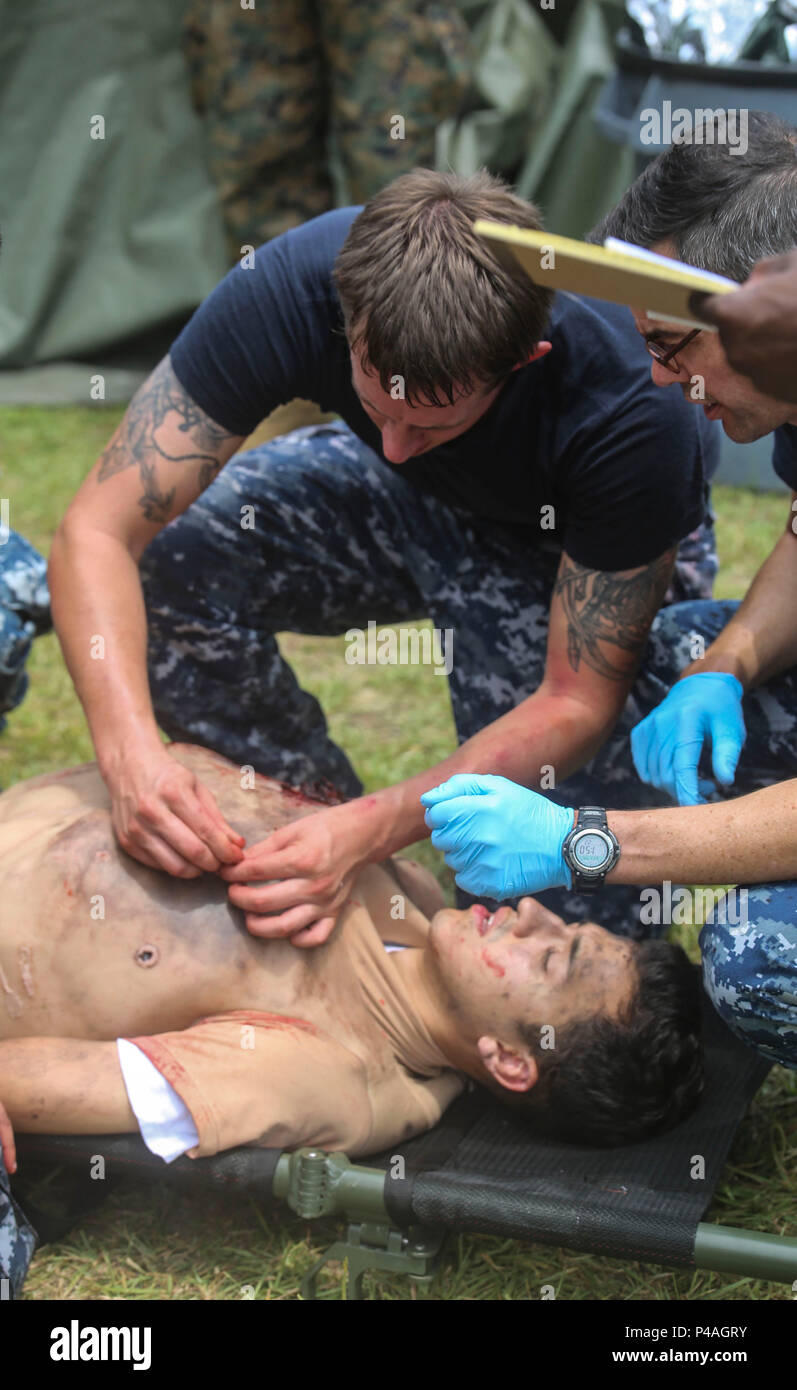 A sailor with 2nd Medical Battalion tends to a patient during the unit’s Health Services Augmentation Program mass casualty exercise at Camp Lejeune, N.C., June 23, 2016. Sailors treated simulated injuries such as amputations, blunt force trauma, gunshot wounds and stab wounds. (U.S. Marine Corps photo by Cpl. Paul S. Martinez/Released) Stock Photo
