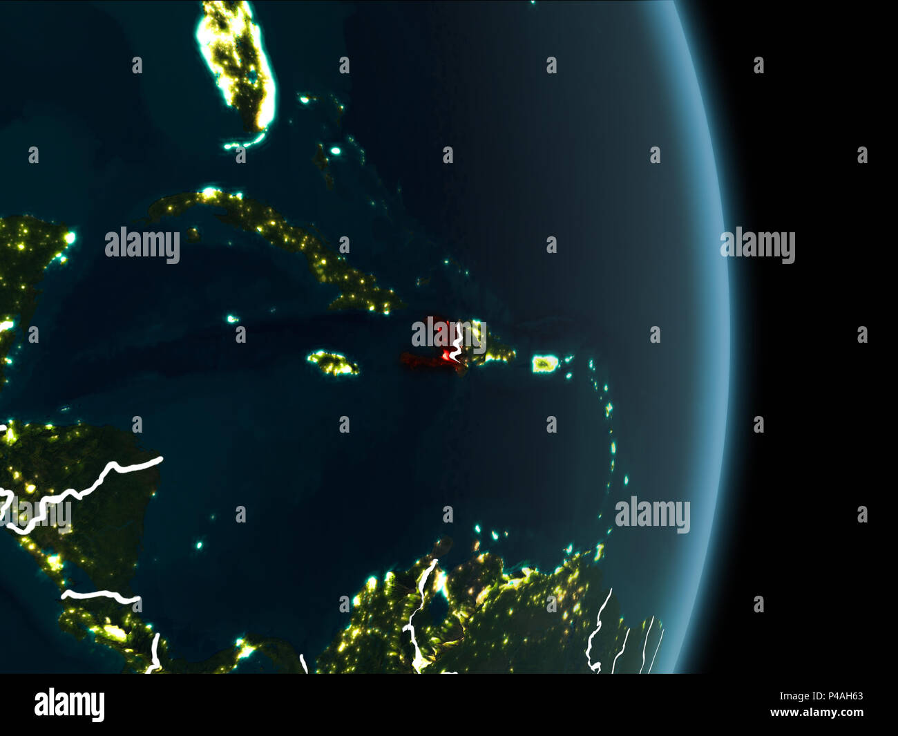 Map of Haiti in red as seen from space on planet Earth at night with ...