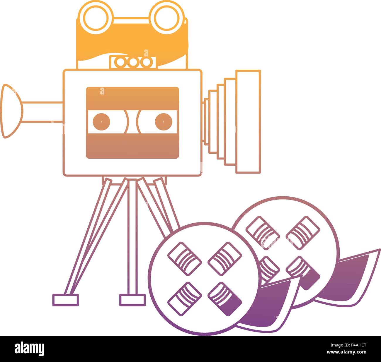 retro video camera with films tapes over white background, colorful