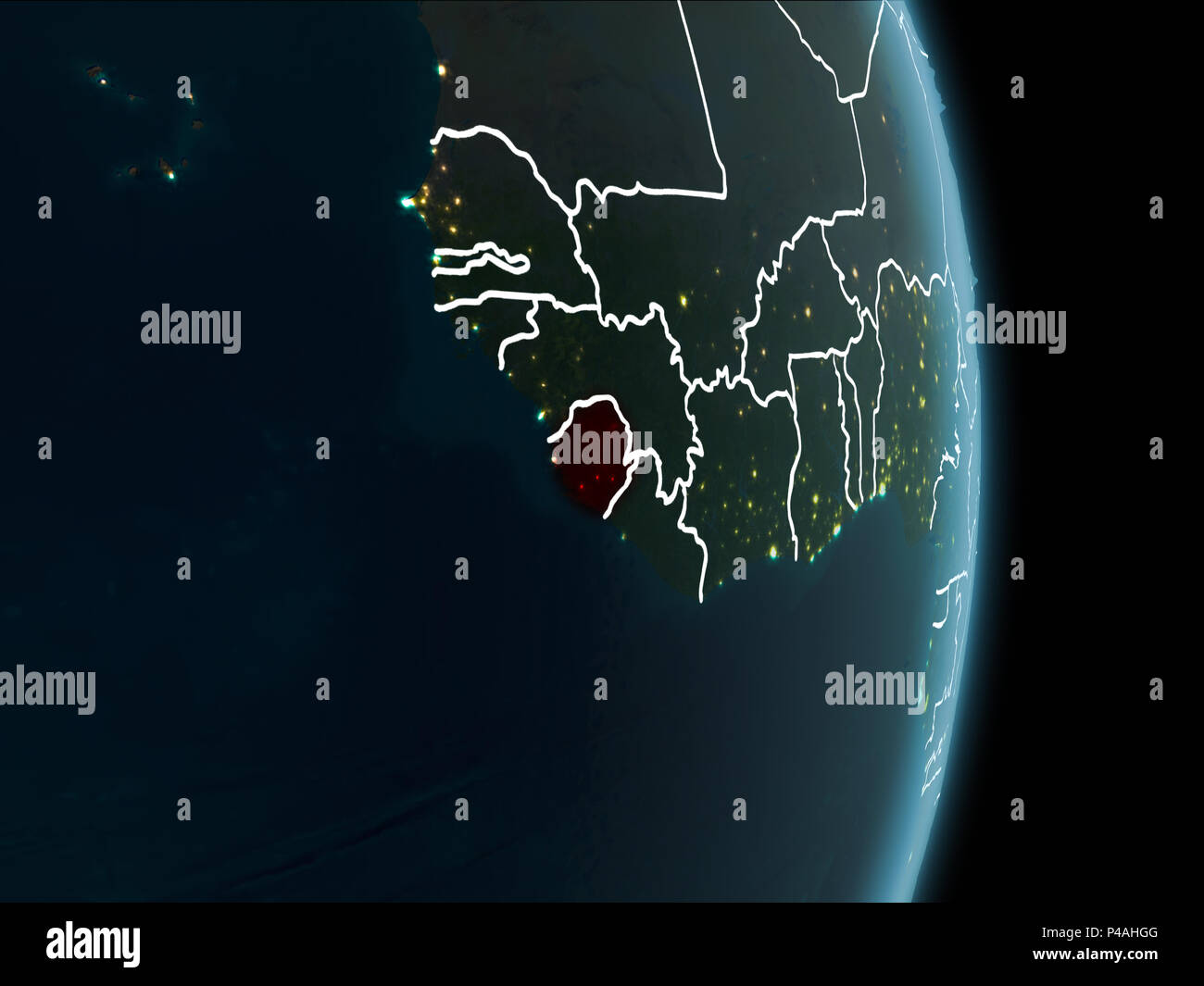 Map of Sierra Leone in red as seen from space on planet Earth at night ...