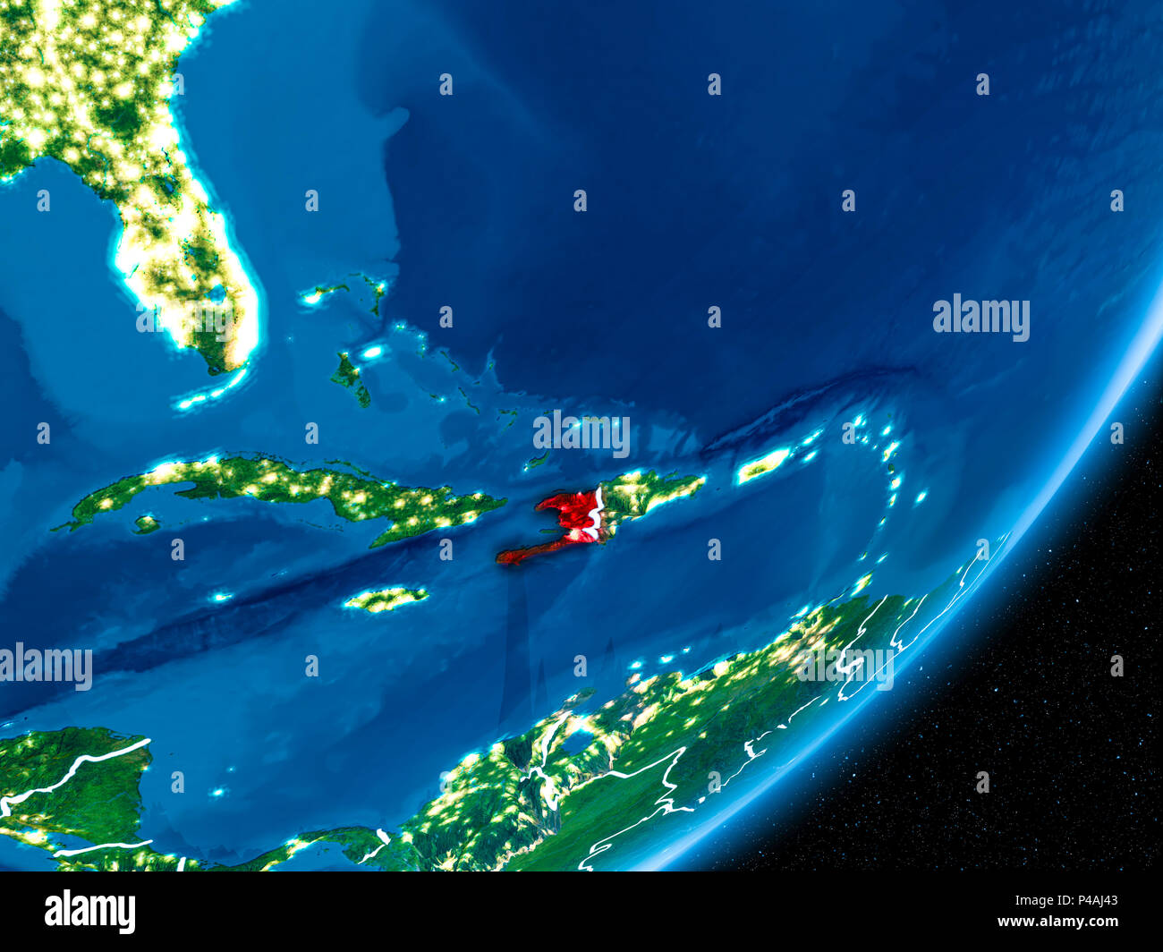 Haiti in red on planet Earth at night with visible borderlines and city ...