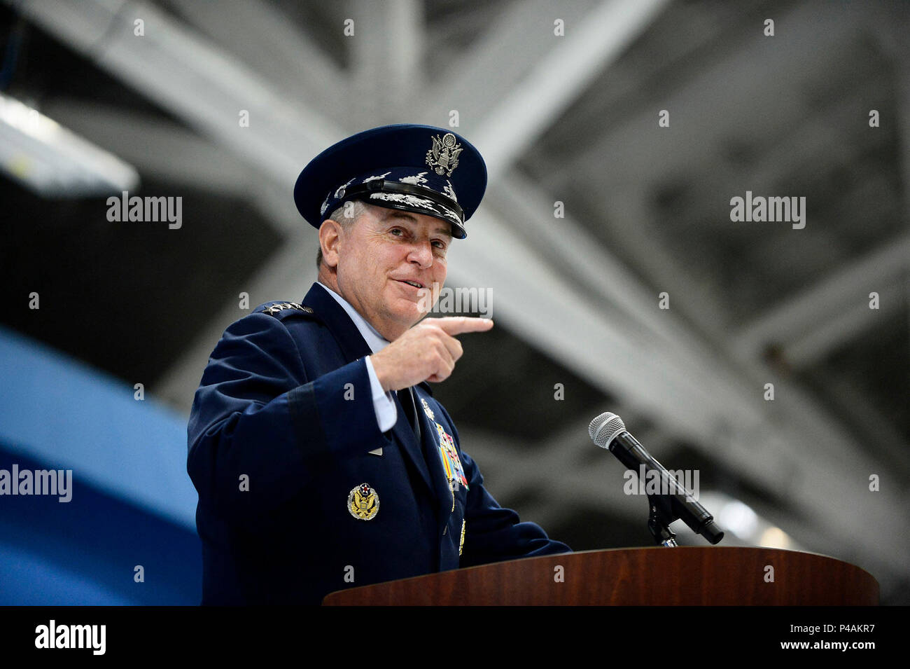 Air Force Chief of Staff Gen. Mark A. Welsh III thanks his family during his retirement ceremony at Joint Base Andrews, Md., June 24, 2016.  Welsh has served as the 20th chief of staff since 2012. (U.S. Air Force Photo by Tech. Sgt. Joshua L. DeMotts) Stock Photo