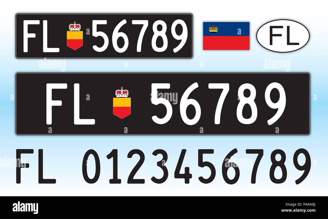 Liechtenstein car license plate, letters, numbers and symbols Stock Vector