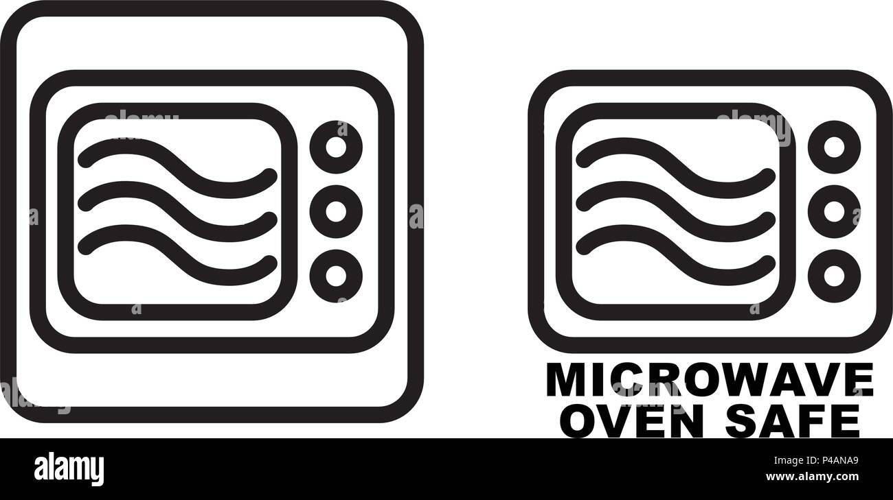 Microwave safe container icon. Simple black lines oven drawing with three wave curves inside