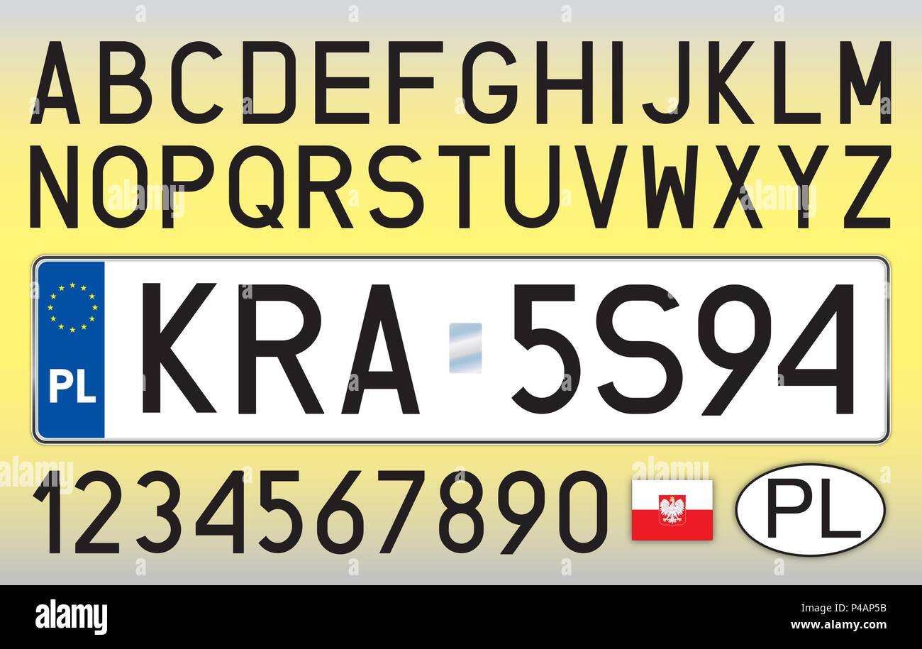 Poland car license plate, letters, numbers and symbols Stock Vector