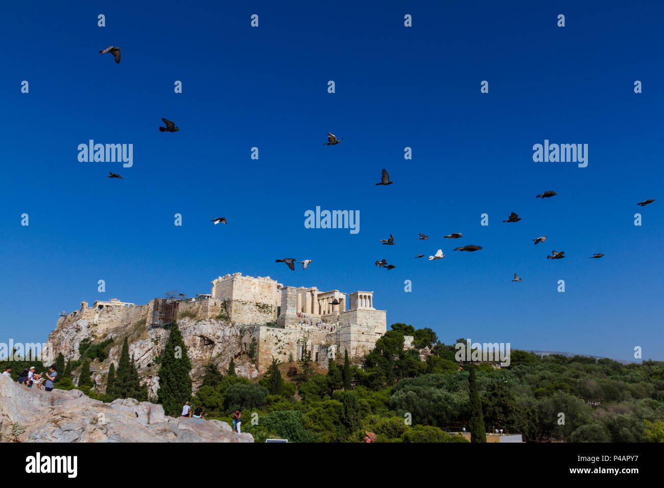 Athens, Greece - June 9, 2018: Scenic view of the rock of the Acropolis of Athens in Greece with flying pigeons and gazing tourists in the foreground Stock Photo