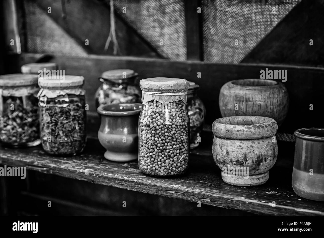 Medicinal plants drying outdoors, detail of alternative medicine Stock Photo