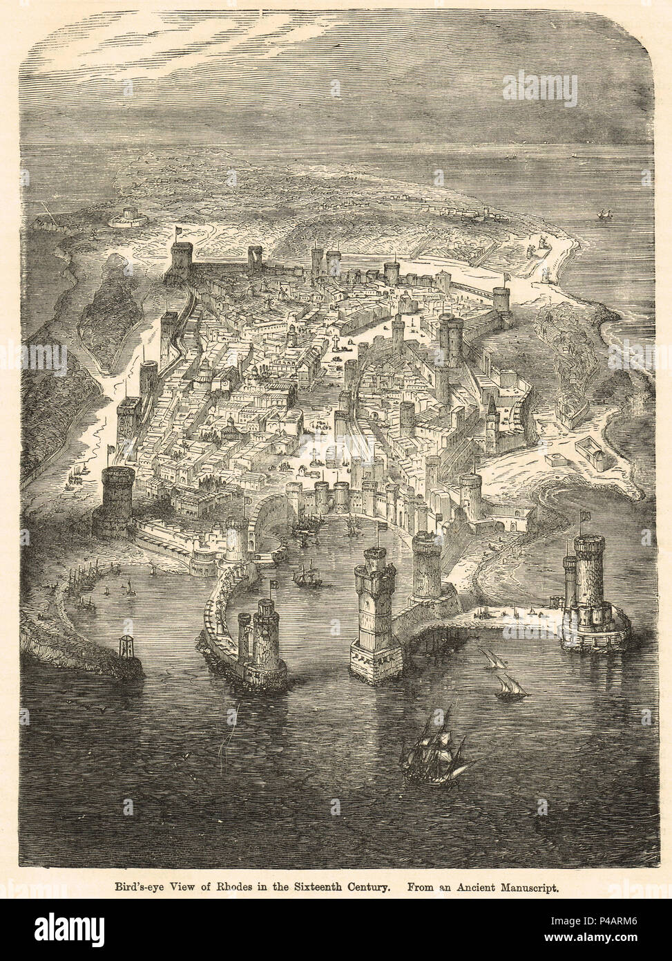 Bird's-eye view of Rhodes, in the 16th Century Stock Photo