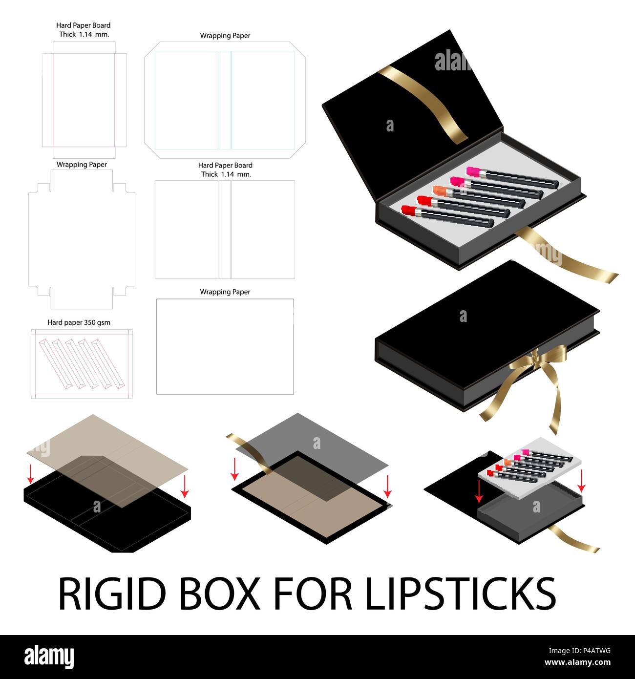 rigid box book shape for lipsticks package dieline Stock Vector