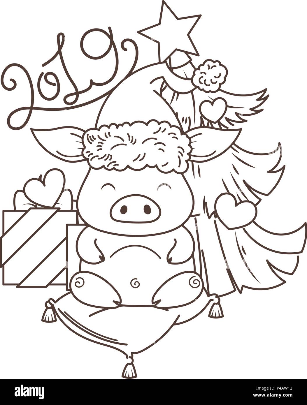 Cute cartoon pig in love with holiday tree. Symbol of New ...
