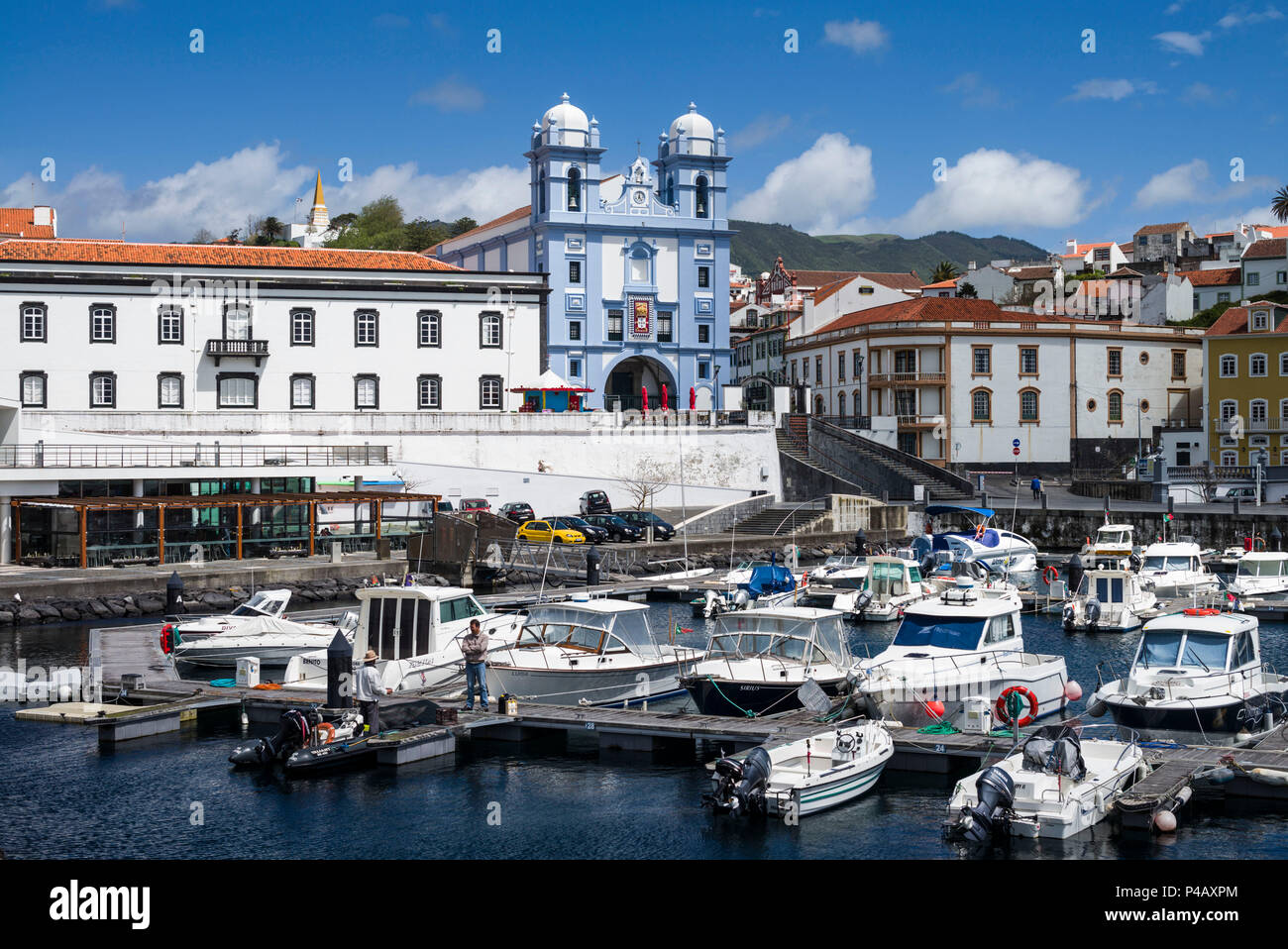 Portugal, Azores, Terceira Island, Angra do Heroismo, Igreja da Misericordia church and the marina Stock Photo