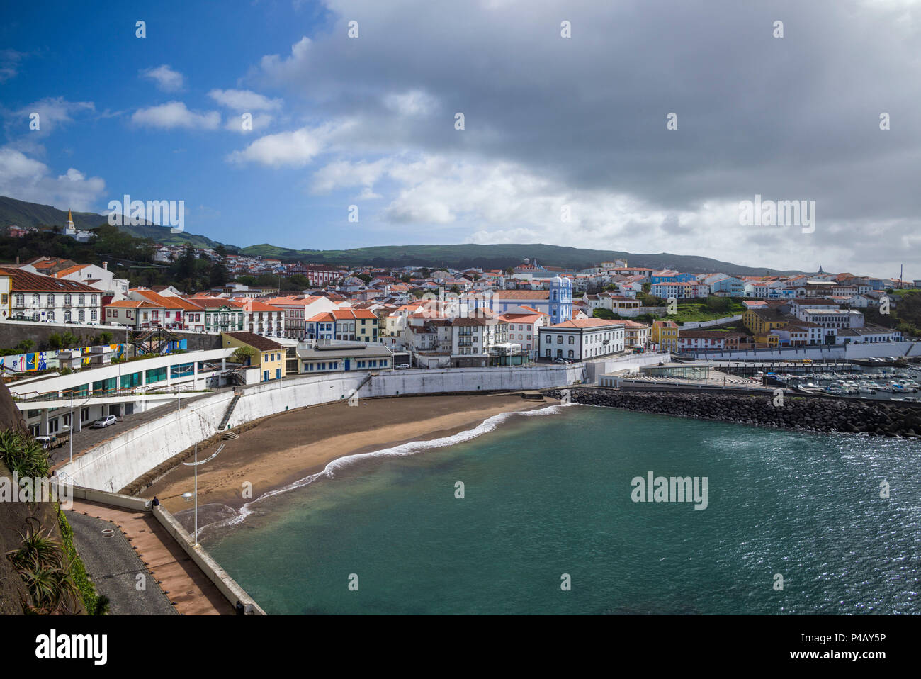 Portugal, Azores, Terceira Island, Angra do Heroismo, Igreja da Misericordia church and the marina Stock Photo