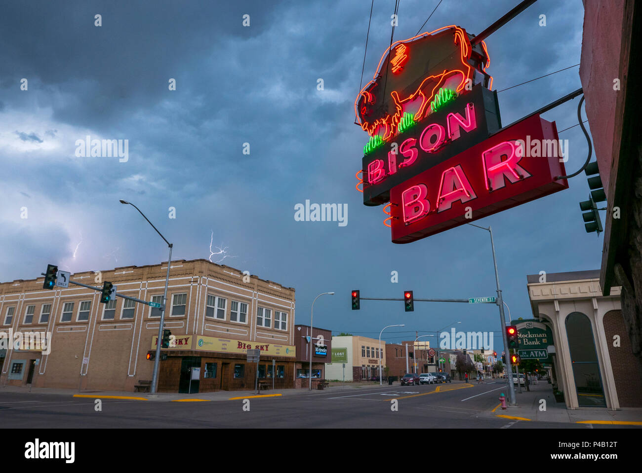 Lightening and summer storm clouds above main street, Miles City