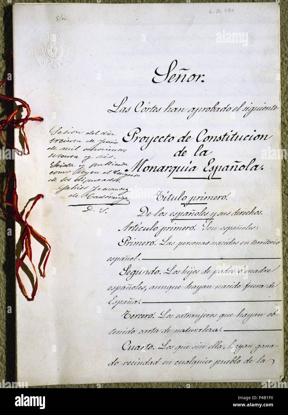 CONSTITUCION ESPAÑOLA-30 DE JUNIO 1876-PORTADA. Location: CONGRESO DE LOS DIPUTADOS-BIBLIOTECA, MADRID, SPAIN. Stock Photo