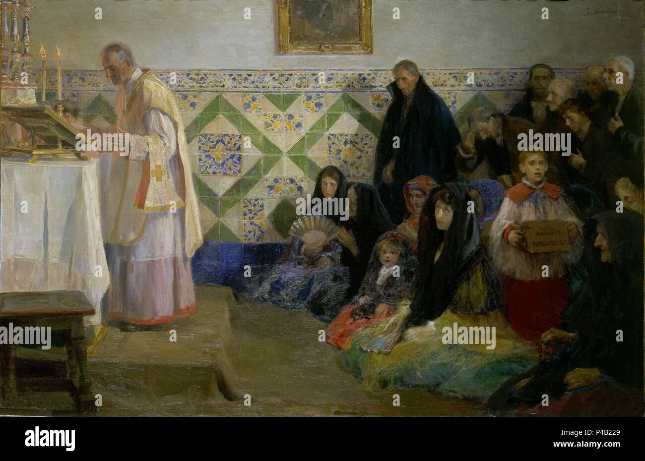 Hearing Mass, Rocafort - 19th century - 98x148 cm - oil on canvas. Author: José Benlliure Gil (1855-1937). Location: MUSEO DE BELLAS ARTES-COLEGIO PIO V, VALENCIA, SPAIN. Also known as: OYENDO LA MISA, ROCAFORT. Stock Photo