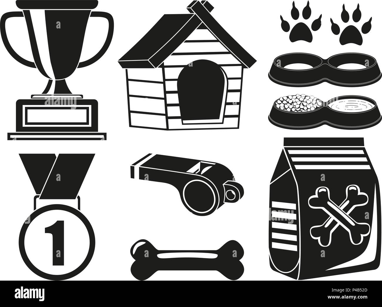9 black and white dog care elements silhouette set Stock Vector