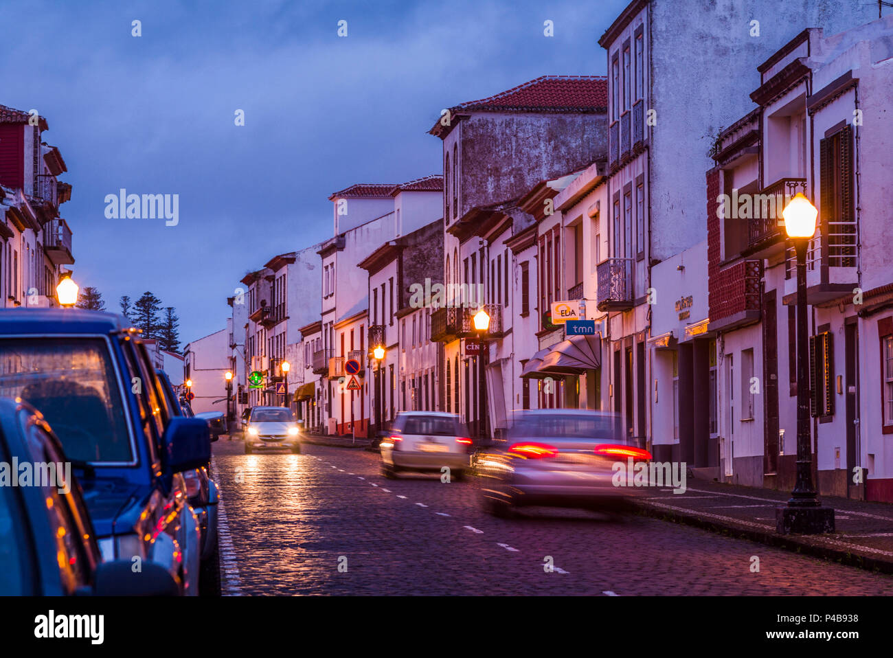 Portugal, Azores, Santa Maria Island, Vila do Porto, Rua Teofilo Braga street, evening Stock Photo