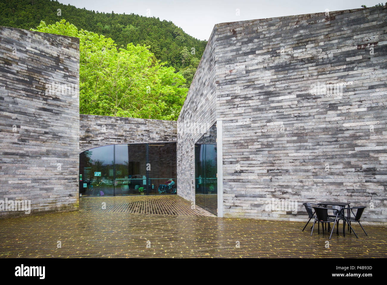 Portugal, Azores, Sao Miguel Island, Furnas, Lago das Furnas lake, Furnas Monitoring and Research Centre, lake monitoring buildings by architects Aires Mateus and Associates, exterior Stock Photo