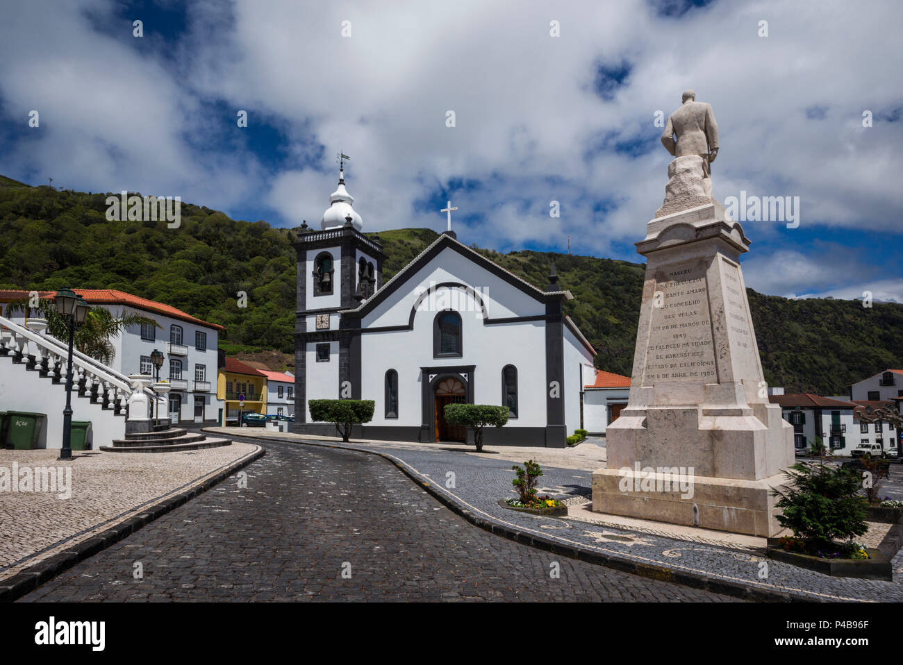 Portugal, Azores, Sao Jorge Island, Velas, Largo Dr. Joao Pereira square and Igreja Matriz church Stock Photo