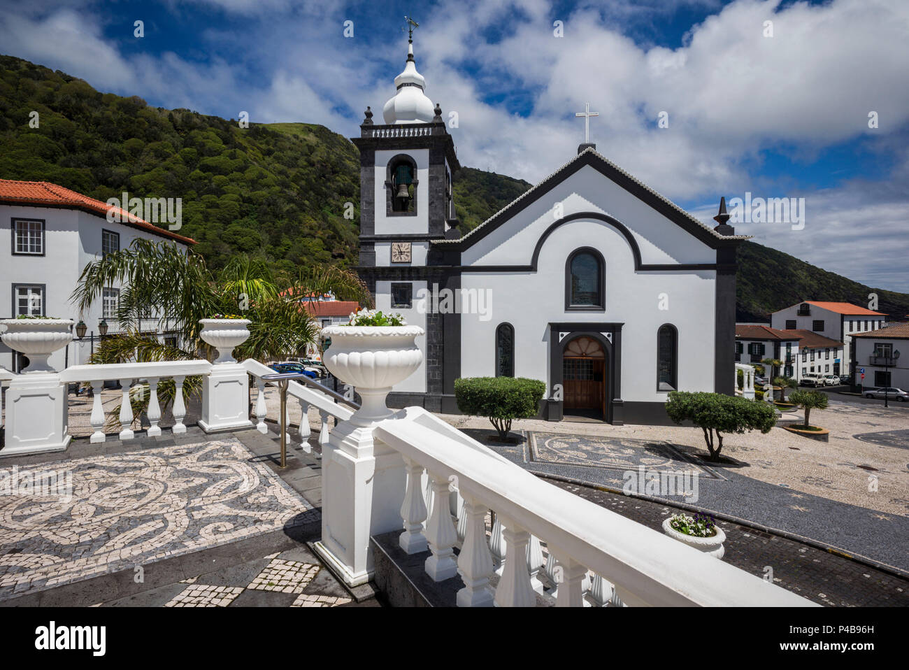 Portugal, Azores, Sao Jorge Island, Velas, Largo Dr. Joao Pereira square and Igreja Matriz church Stock Photo