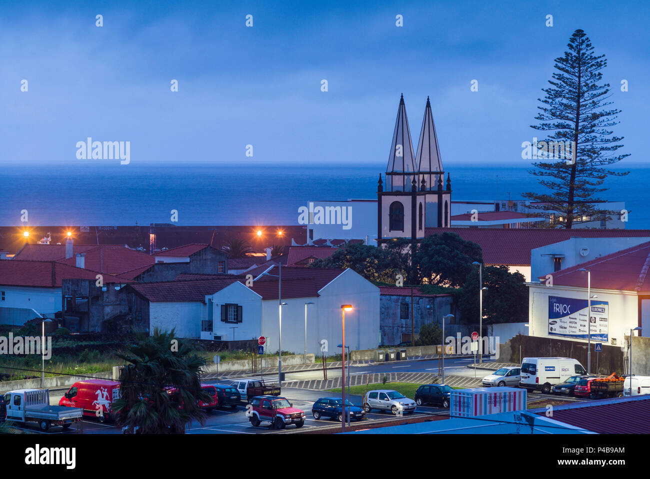 Portugal, Azores, Pico Island, Madalena, elevated town view, evening ...