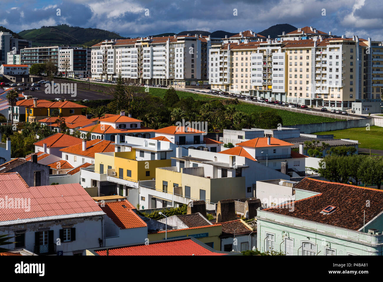 Portugal, Azores, Sao Miguel Island, Ponta Delgada, elevated view of the eastern suburbs Stock Photo
