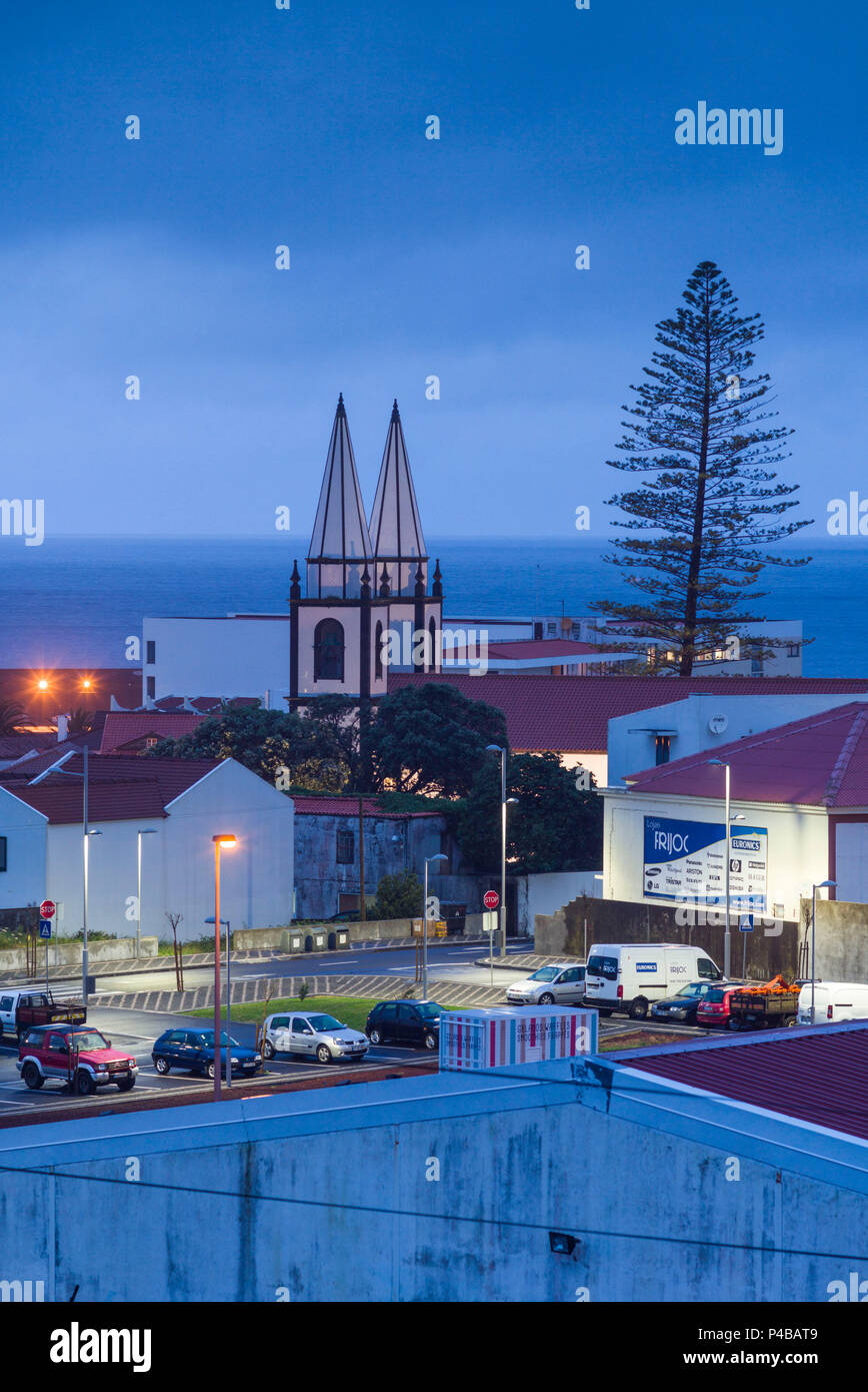 Portugal, Azores, Pico Island, Madalena, elevated town view, evening ...