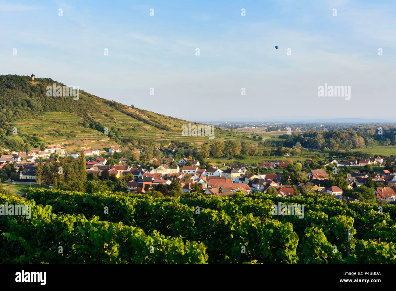 Langenlois, view from Kogelberg to valley Kamptal, vineyards, observation tower Kamptalwarte, village Zöbing, hot-air balloon, Waldviertel (Forest Quarter), Lower Austria, Austria Stock Photo