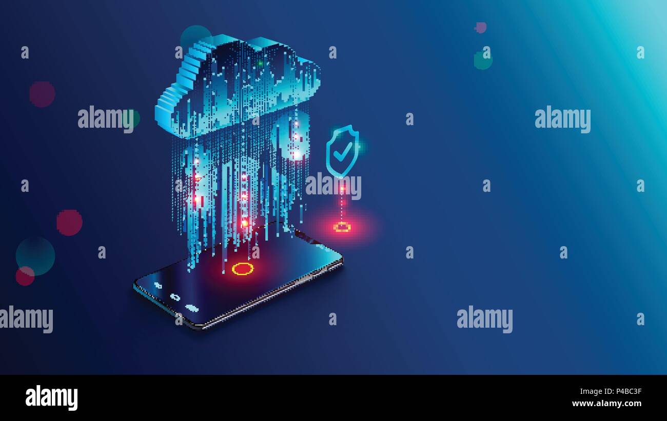Cloud Computing Concept. Data protected exchange on smart phone or other mobile device and online storage. Cloud Technology illustration. Stock Vector