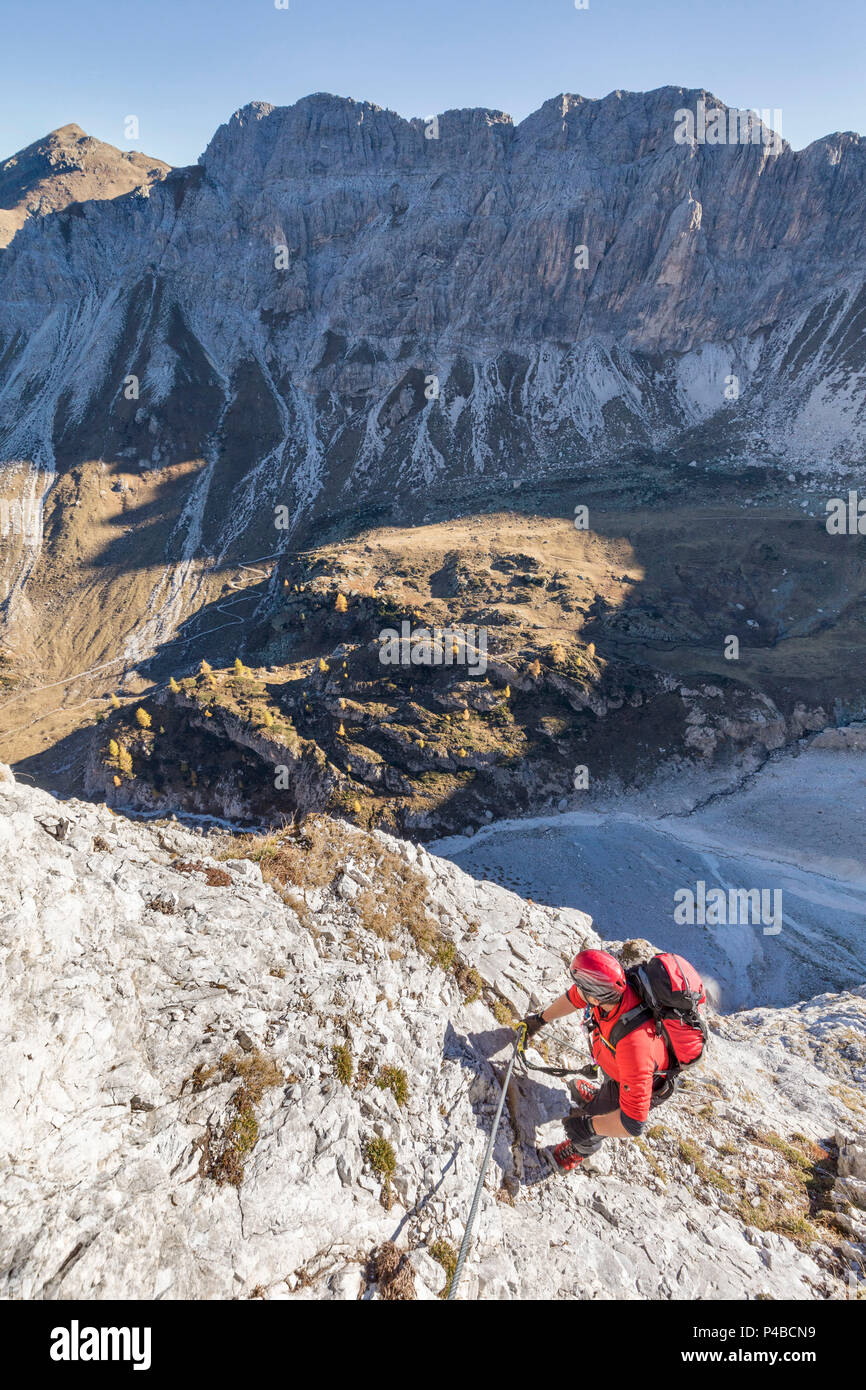Mountaineer along the via ferrata on the north side of mount Gr. Kinigat, Kartitsch, East Tyrol, Austria, Europe Stock Photo