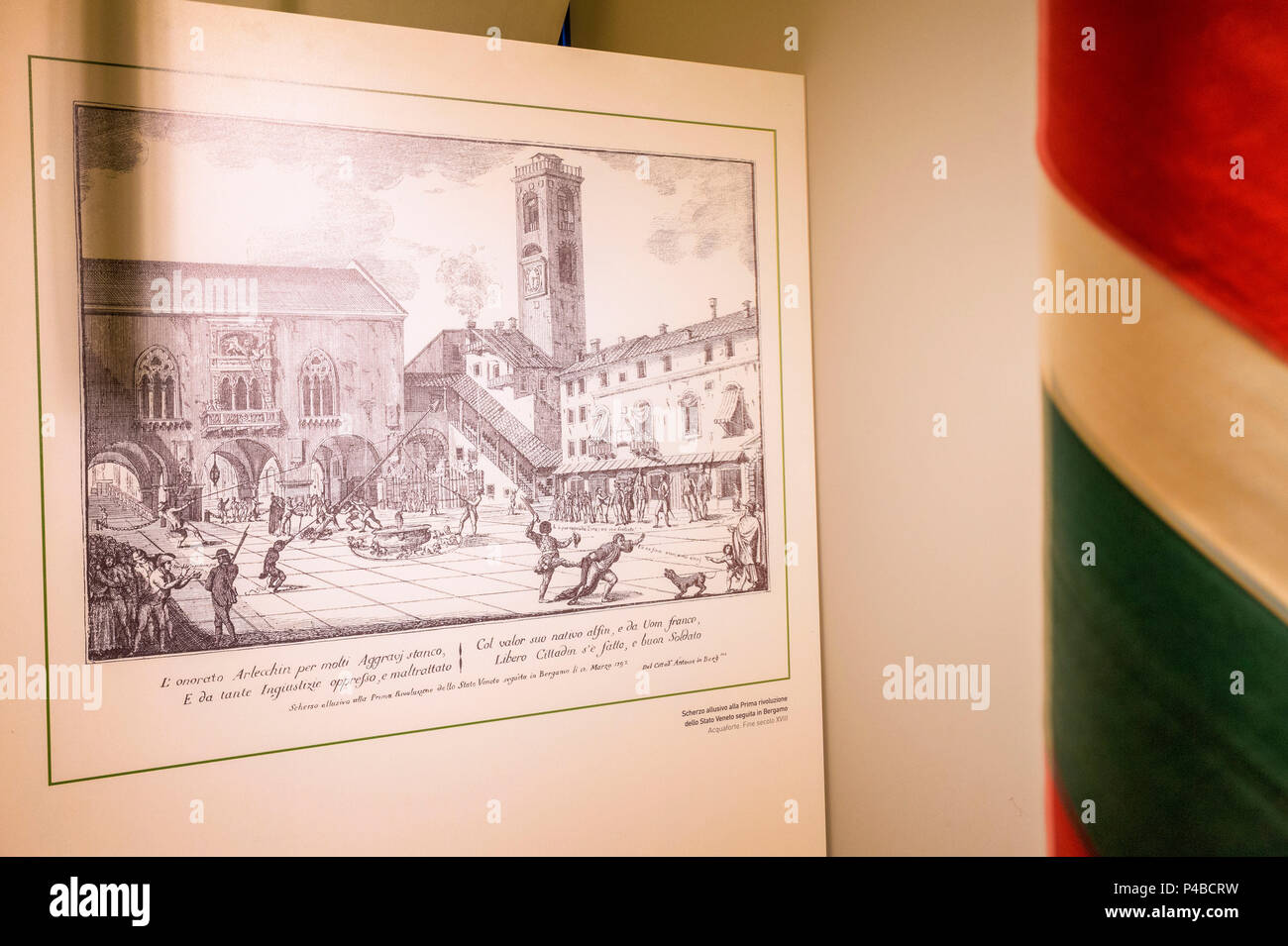 Historical image that depicts a scene of the liberation of the city from Venetian state. Rocca of Bergamo(Bergamo Fortress), Bergamo, Lombardy, Italy. Stock Photo