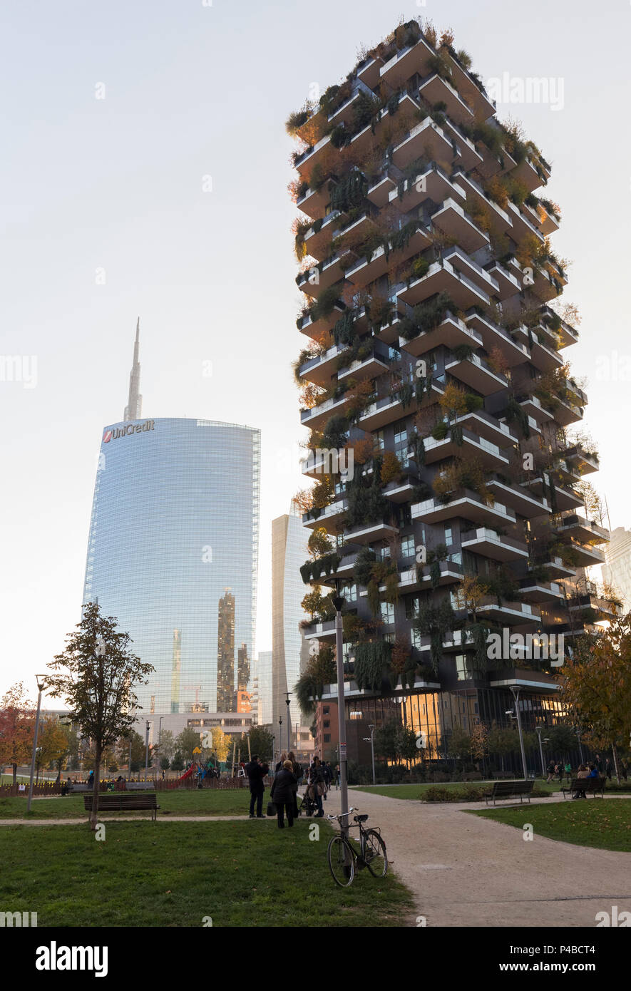 View of the Bosco Verticale and Unicredit Tower skyscrapers in Porta Nuova neighborhood. Milan, Lombardy, Italy. Stock Photo