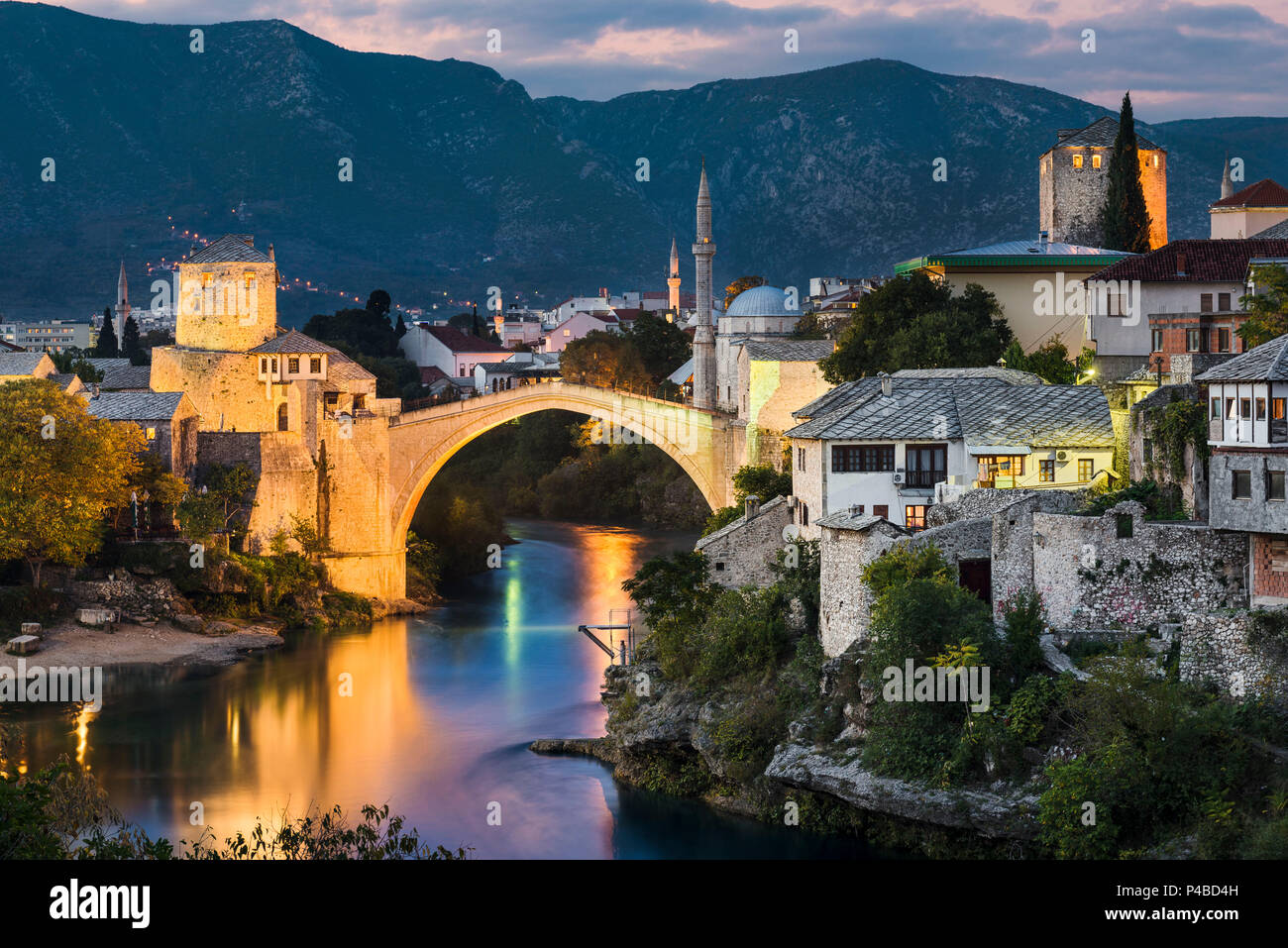 Old Bridge at night in Mostar, Bosnia and Herzegovina Stock Photo