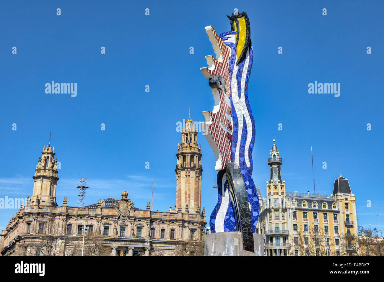 Spain, Barcelona City, Barcelona Head Sculptue by Roy Lichtenstein Stock Photo