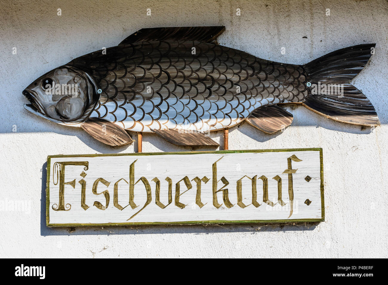 Geras, sign 'Fischverkauf' (fish sale) at Fischkalter with carp, Waldviertel (Forest Quarter), Lower Austria, Austria Stock Photo