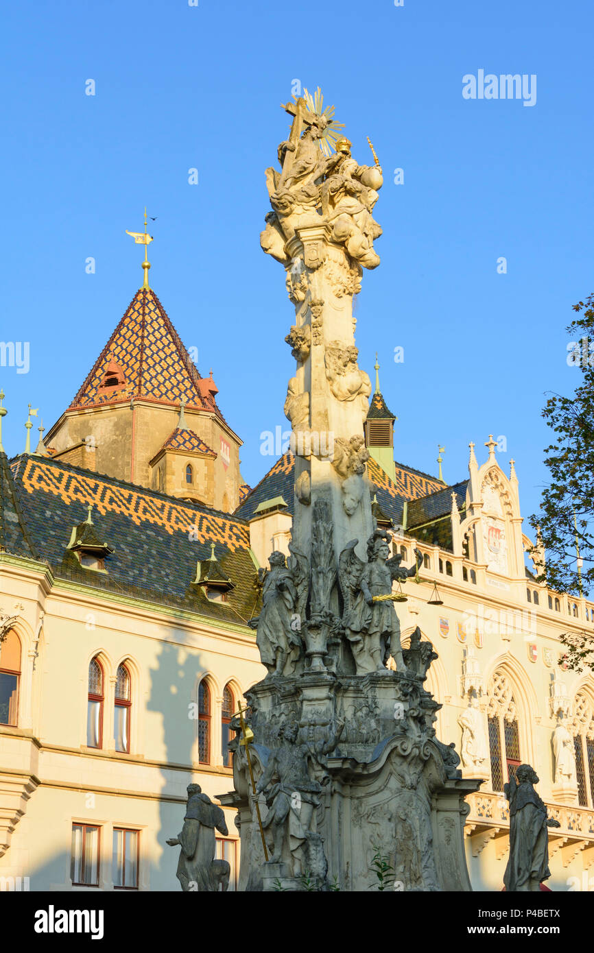 Korneuburg, Town Hall, City Tower, Trinity Column, Hauptplatz (Main Square), Donau, Lower Austria, Austria Stock Photo