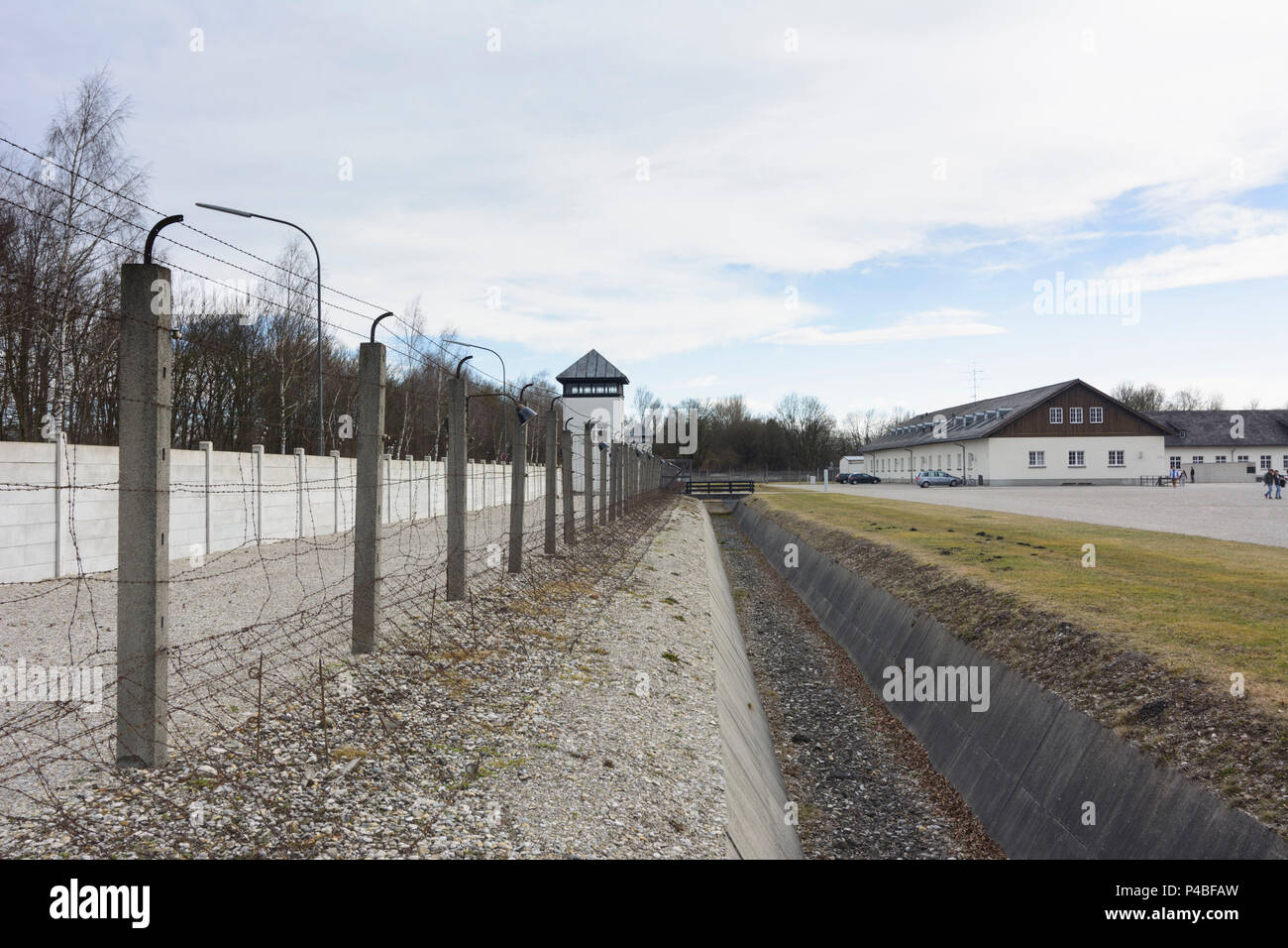 Dachau, concentration camp, perimeter fence, watch tower, former maintenance building, today exhibition, Upper Bavaria, Bavaria, Germany Stock Photo