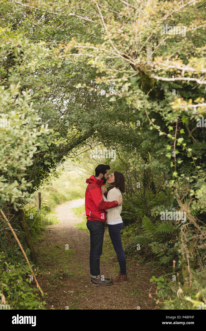 Affectionate couple kissing under tree canopy Stock Photo