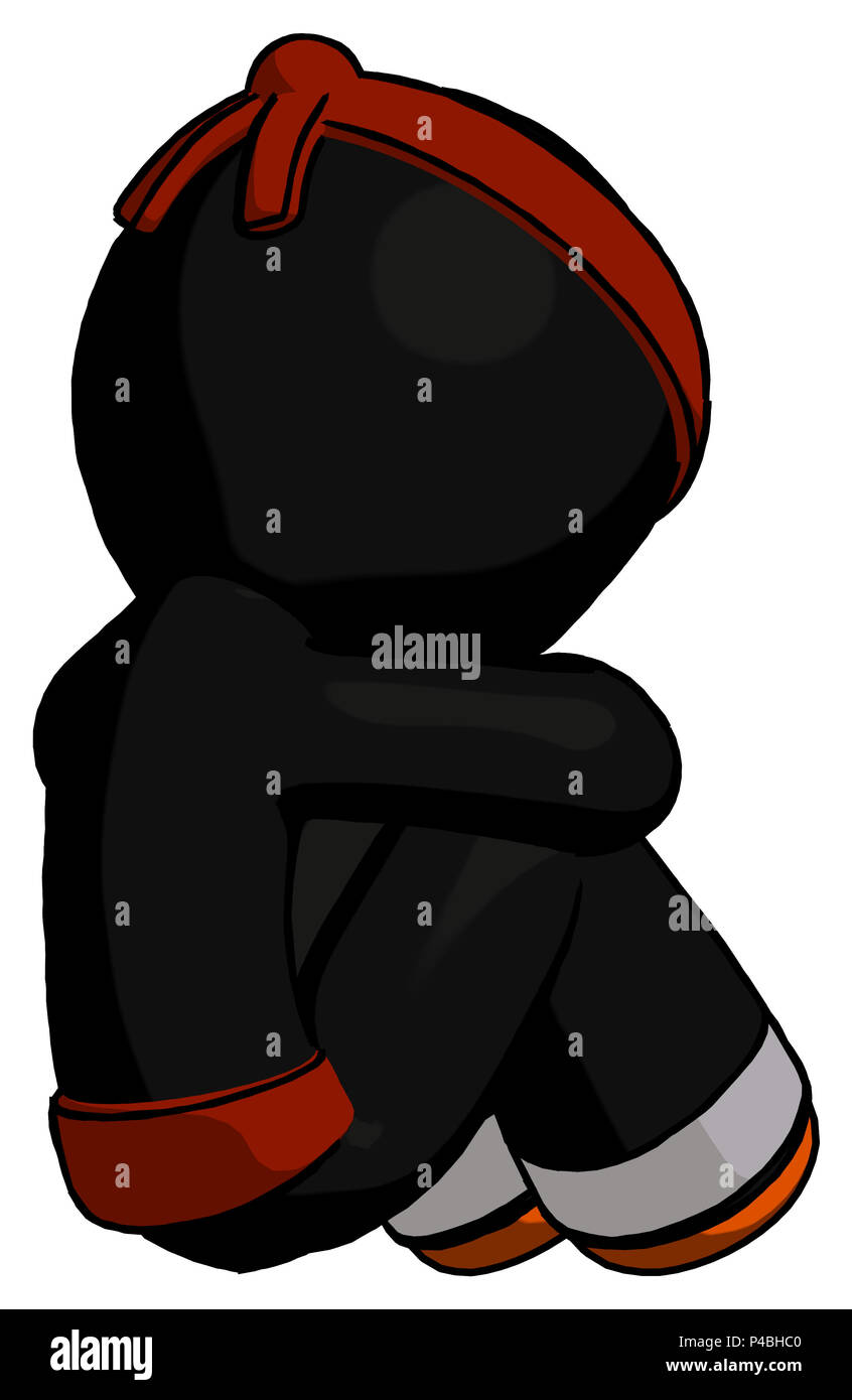 Orange ninja warrior man sitting with head down back view facing right