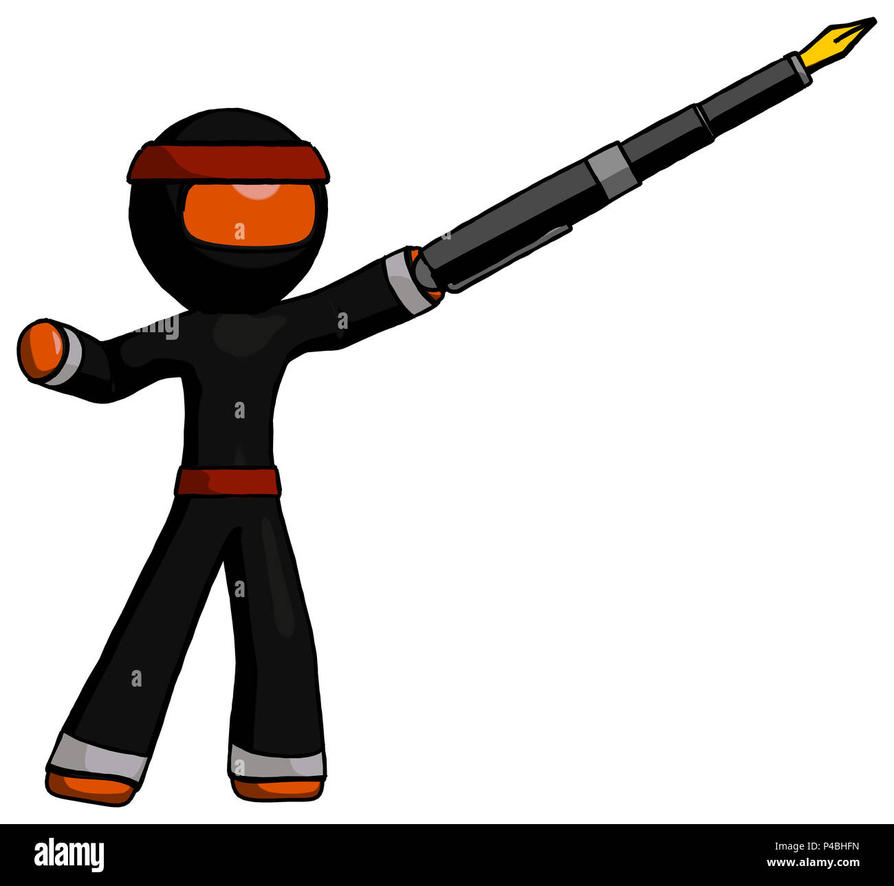 Orange ninja warrior man pen is mightier than the sword calligraphy pose. Stock Photo