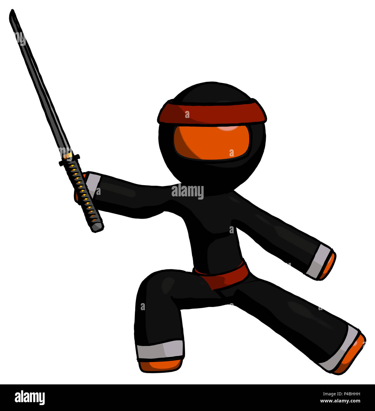 Orange ninja warrior man with ninja sword katana in defense pose. Stock Photo
