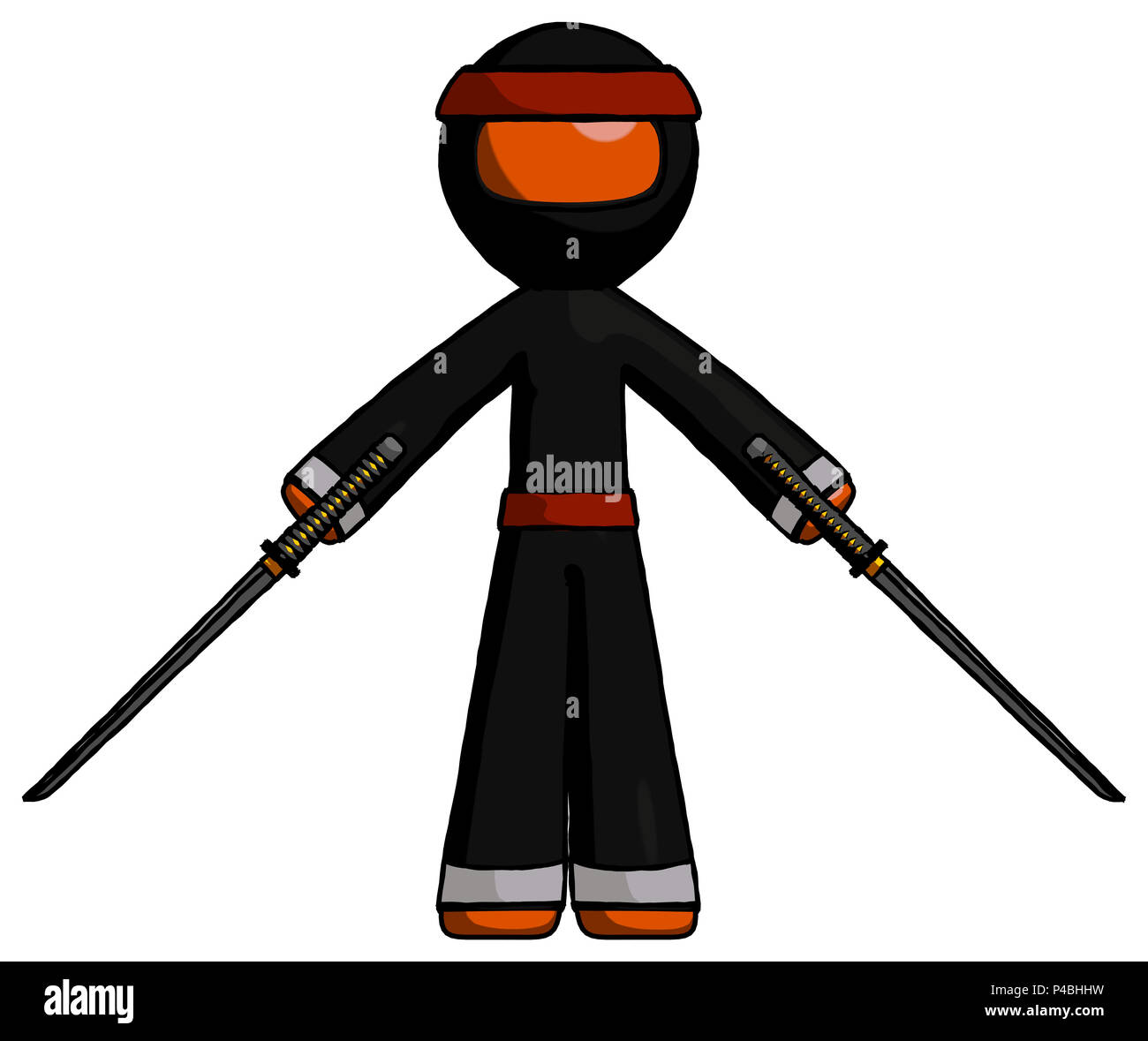 Orange ninja warrior man posing with two ninja sword katanas. Stock Photo