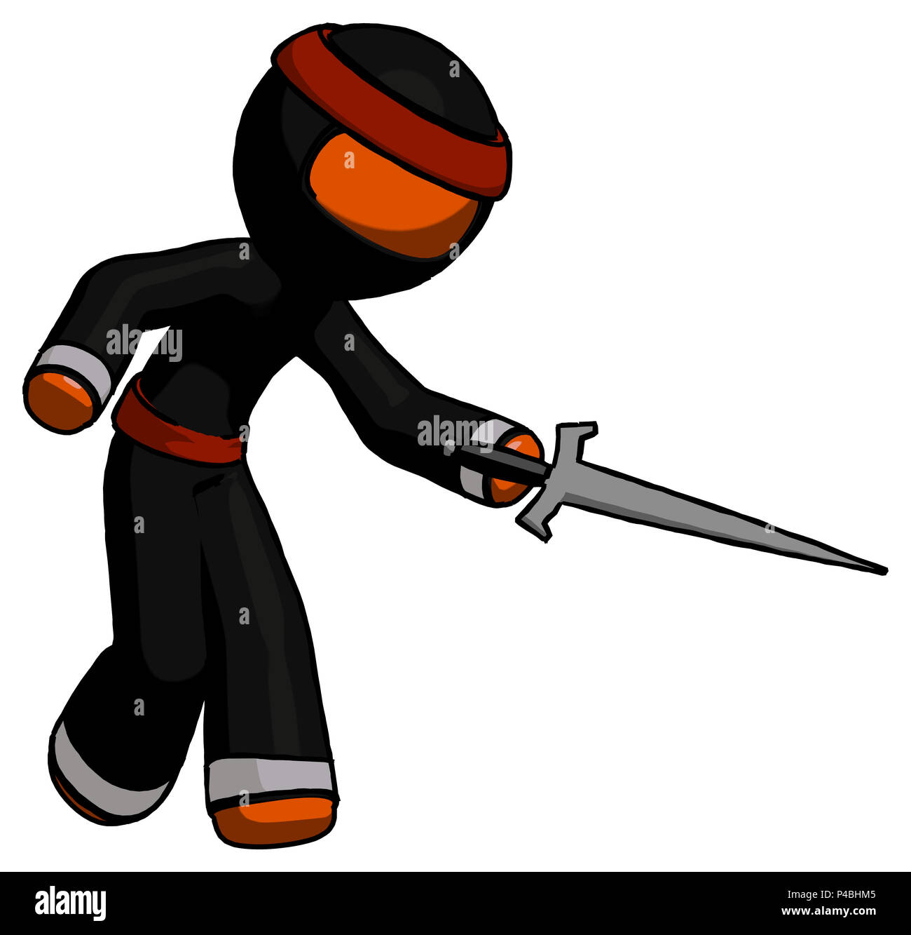 Orange ninja warrior man sword pose stabbing or jabbing. Stock Photo