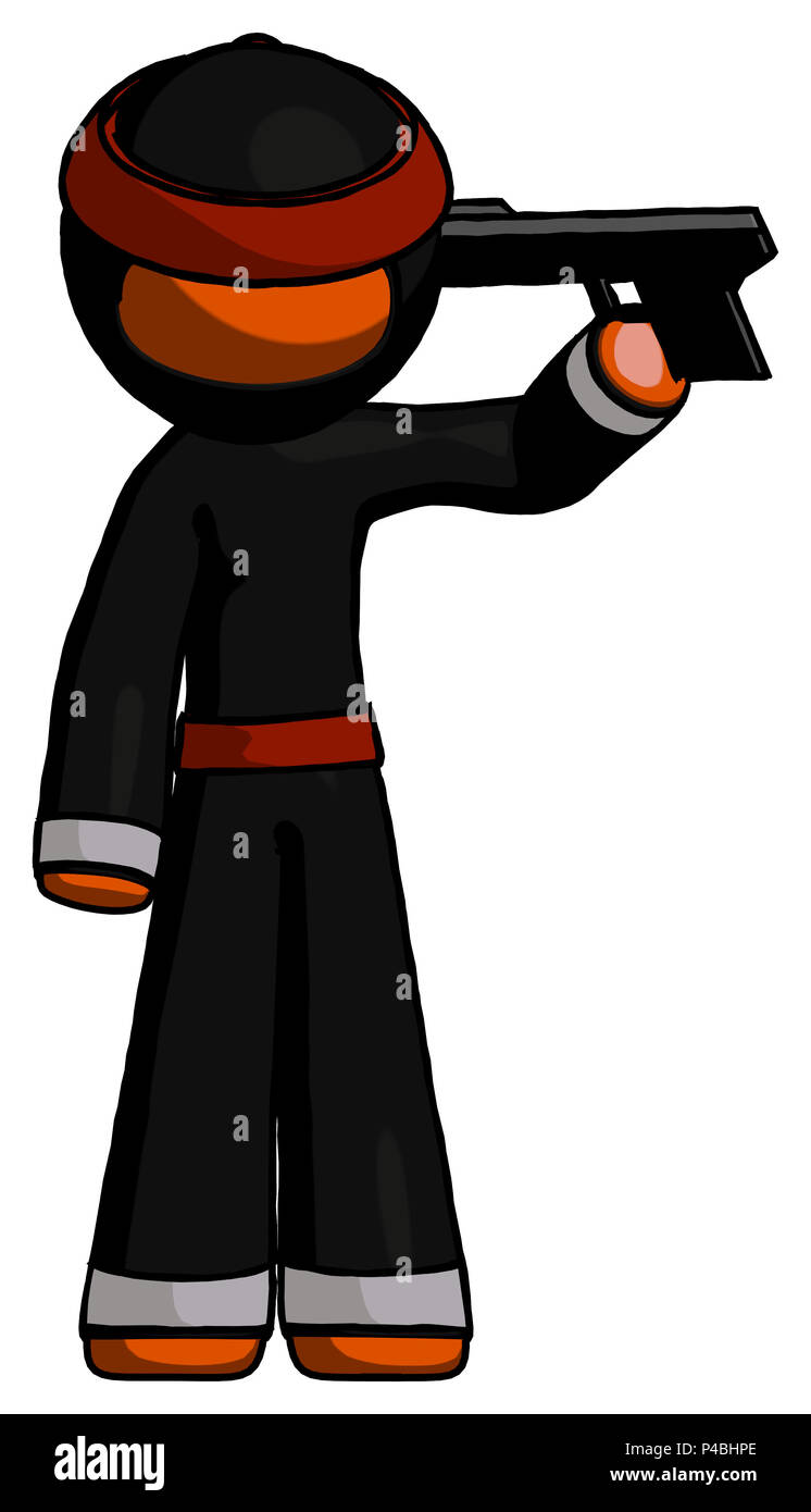 Orange ninja warrior man suicide gun pose. Stock Photo