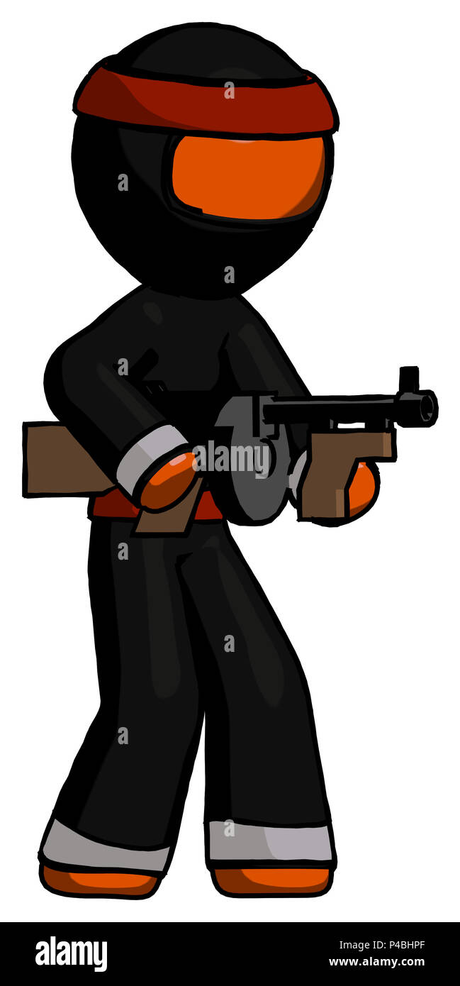 Orange ninja warrior man tommy gun gangster shooting pose. Stock Photo