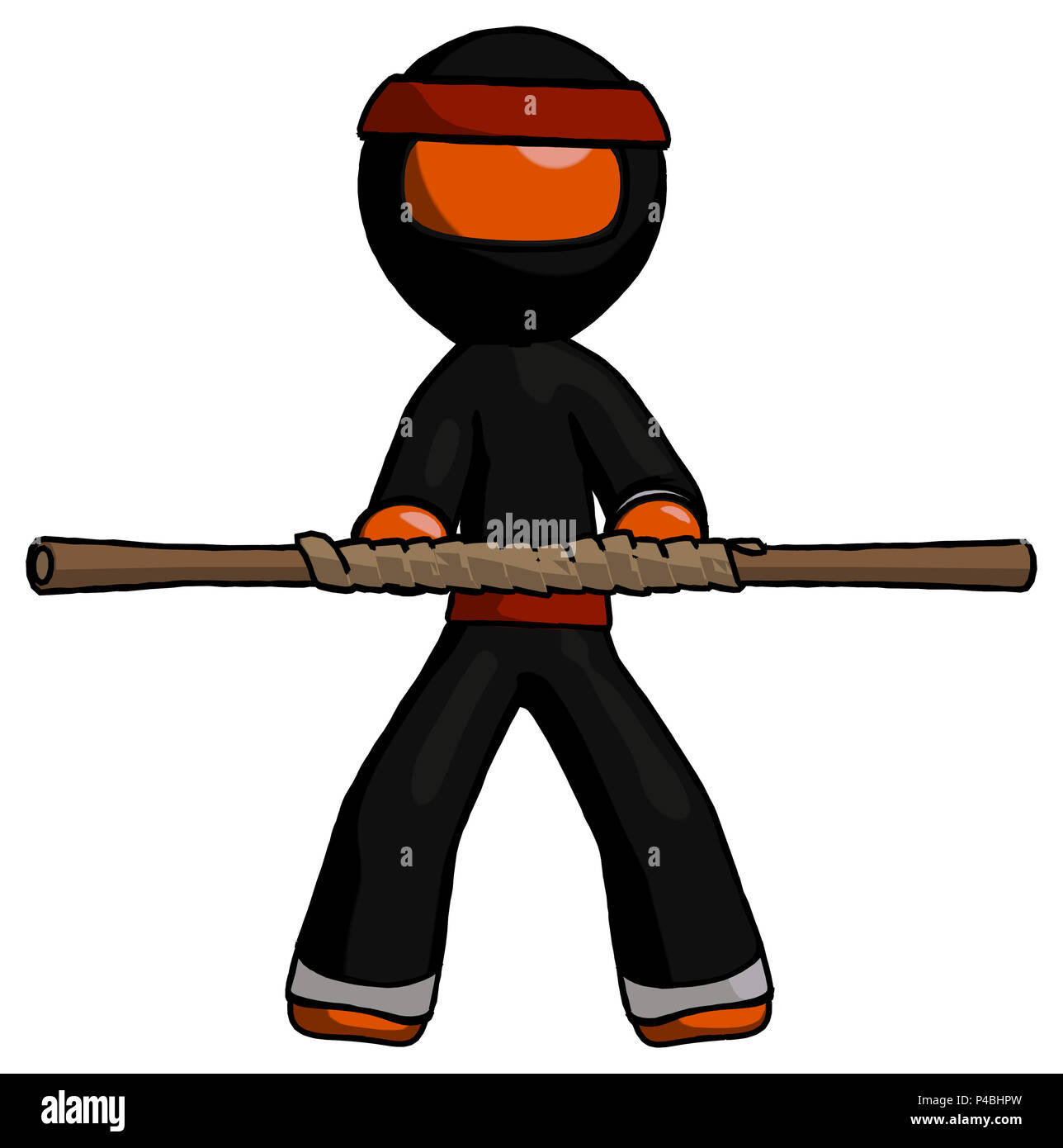 Orange ninja warrior man bo staff kung fu defense pose. Stock Photo