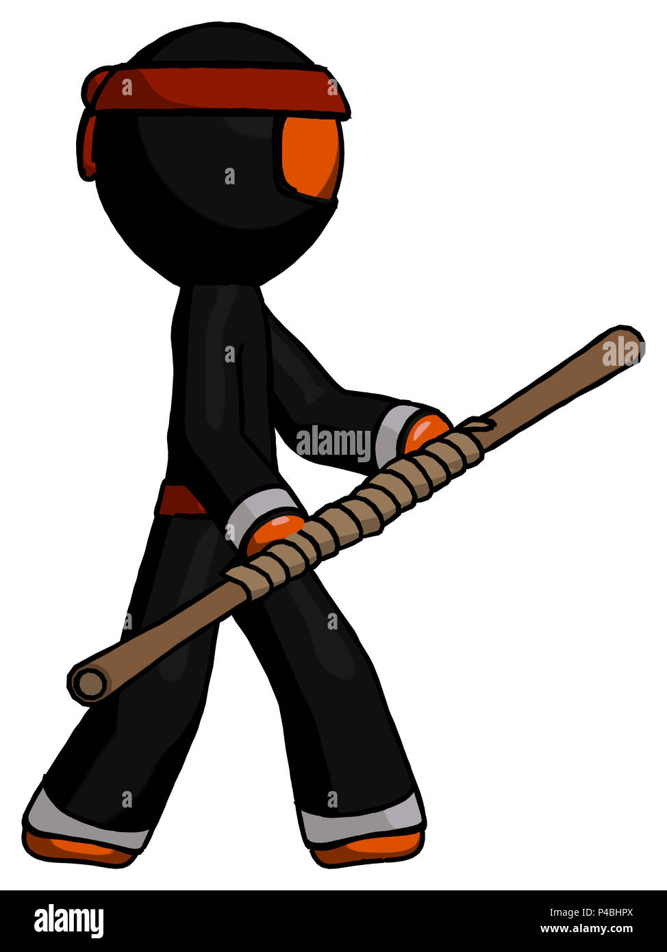 Orange ninja warrior man holding bo staff in sideways defense pose. Stock Photo