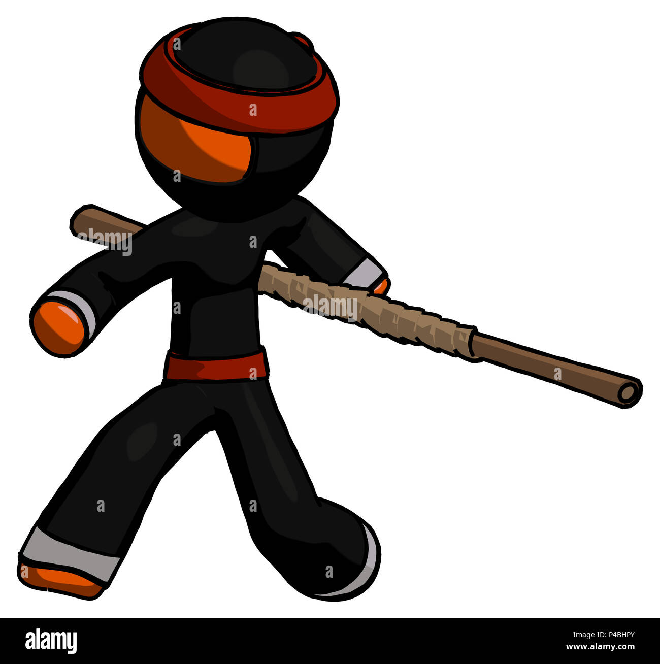 Orange ninja warrior man bo staff action hero kung fu pose. Stock Photo