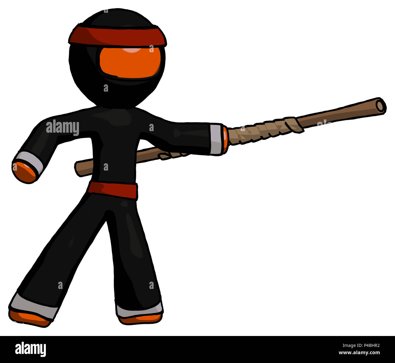 Orange ninja warrior man bo staff pointing right kung fu pose. Stock Photo